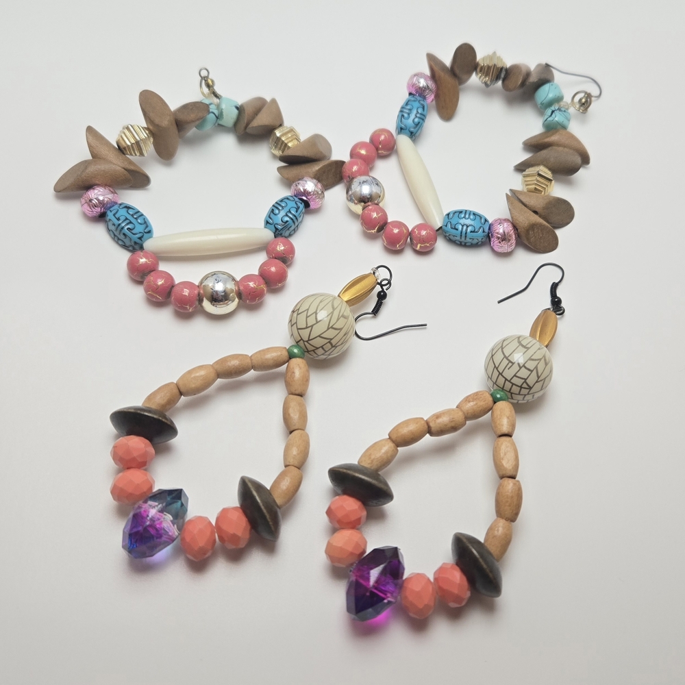 2 Pairs Of Fun Boho Large Hoop Wooden Bead Earings